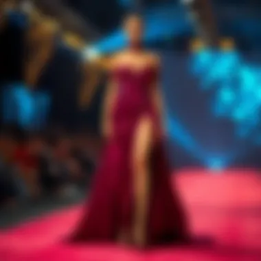 Bold Thigh-High Slit Evening Gown A stylish evening gown featuring a bold thigh-high slit on the runway