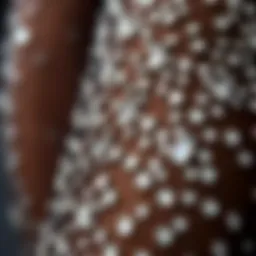 Close-up view of rhinestones on mesh fabric