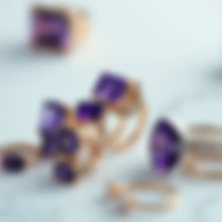 Artistic Display of Amethyst Rings An artistic arrangement of various minimalist amethyst rings