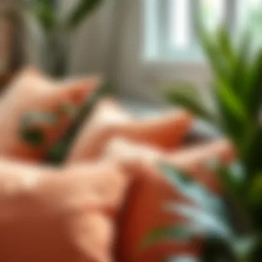 Eco-Friendly Peach Pillow Covers with Plants Eco-friendly peach pillow covers displayed with plants