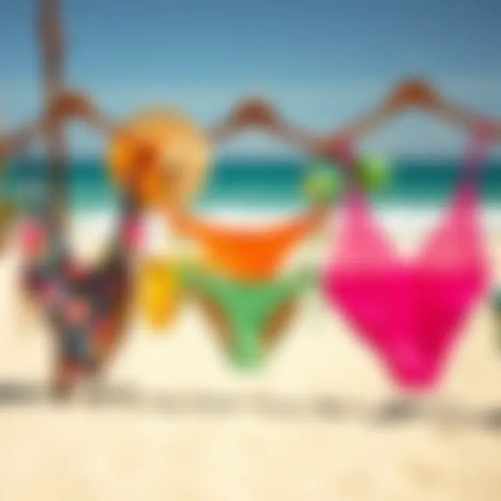 Elegant display of colorful thong swimwear on a sandy beach