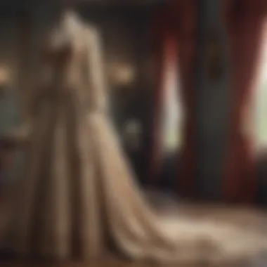 An elegant vintage long gown displayed in a historical context.