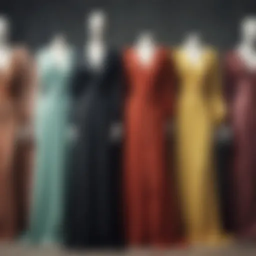 A showcase of vintage long gowns highlighting different styles and fabrics.