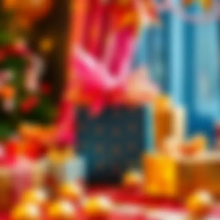 Festive theme with colorful decorations and elegant wrapping for a celebratory gift bag