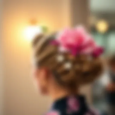 Chic updo design highlighting accessories like flowers and ribbons, perfect for special occasions