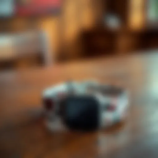 Stylish cow print Apple Watch band on a wooden table