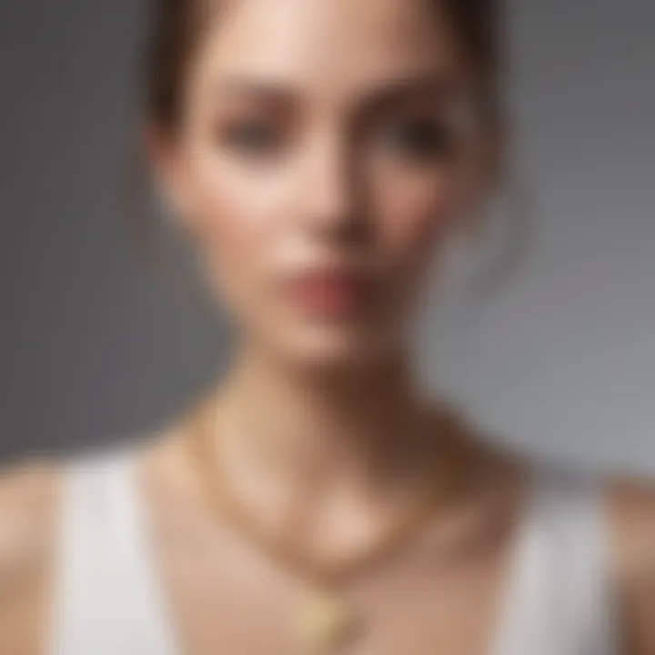 A model elegantly wearing a stainless steel gold name necklace, radiating confidence