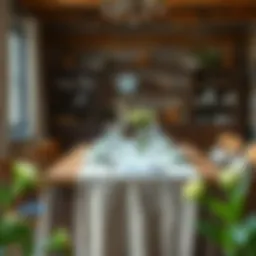 Charming farmhouse table adorned with a rustic tablecloth