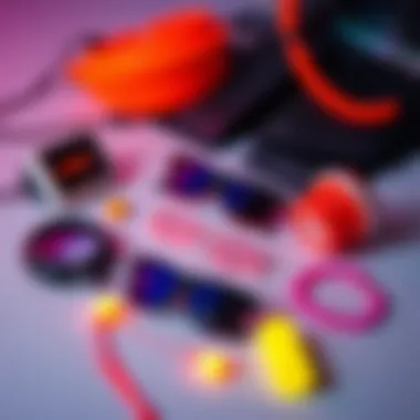 A creative flat lay of accessories complementing neon outfits