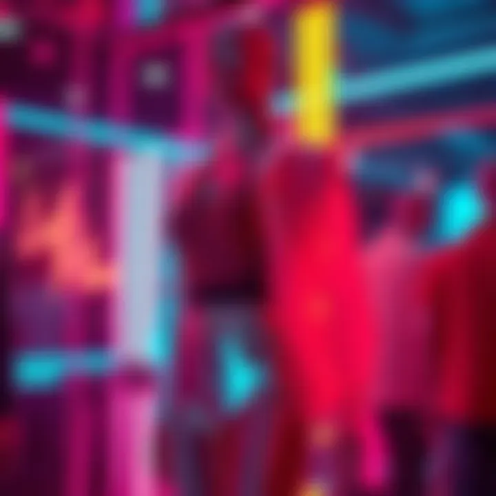 A stylish neon outfit displayed on a mannequin under club lighting