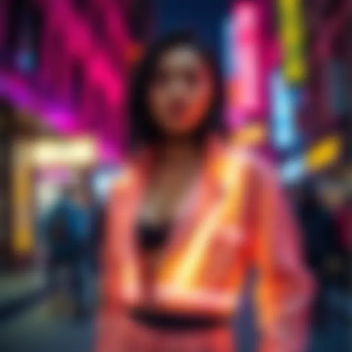 A model confidently showcasing a neon glow outfit in an urban setting