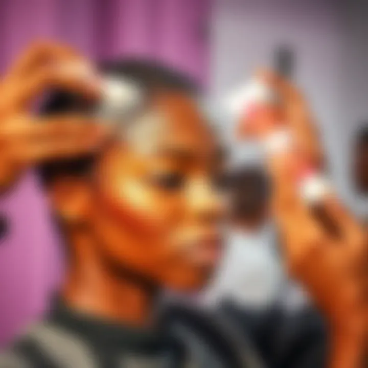 Close-up of a short braided wig being maintained with care products highlighting its shine and texture.