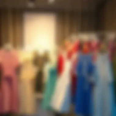 A stylishly arranged display of knee-length nightgowns in various colors and patterns