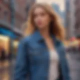 Stylish sleeveless jean jacket against a vibrant urban backdrop