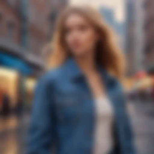 Stylish sleeveless jean jacket against a vibrant urban backdrop