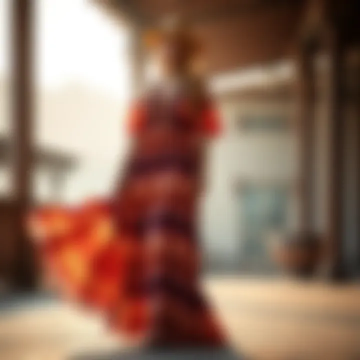 Long Flowy Dress Accentuating Curves Long flowy dress accentuating curves with vibrant patterns