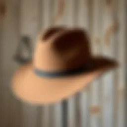 Elegant wide brim felt cowboy hat displayed against a rustic backdrop