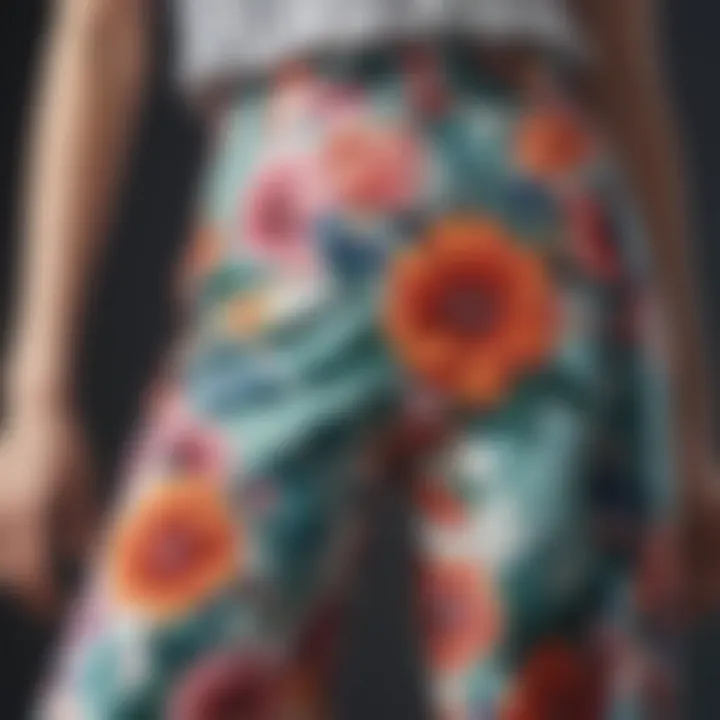 A close-up view of vibrant floral prints on wide leg pants