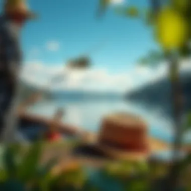 Fishing Spot with Full Brim Hat A scenic view of a fishing spot with a full brim hat resting nearby