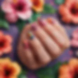 Vibrant hibiscus nail stickers on a colorful background