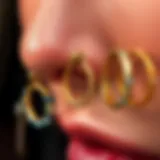 Diverse Designs of Hinged Hoop Nose Rings An elegant display of assorted hinged hoop nose rings showcasing different designs and materials.