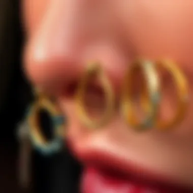 Diverse Designs of Hinged Hoop Nose Rings An elegant display of assorted hinged hoop nose rings showcasing different designs and materials.