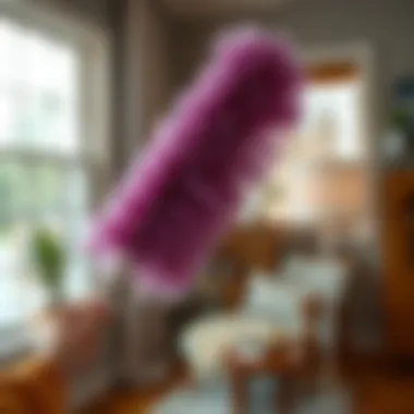 Demonstration of effective usage of a microfiber blinds duster in a home setting
