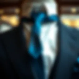 Elegant display of a peacock blue tie on a tailored suit