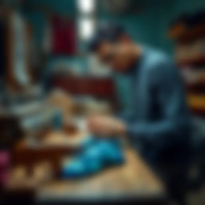 Artisan at Work on Custom Socks An artisan working on printing custom designs onto high-quality sock fabric.