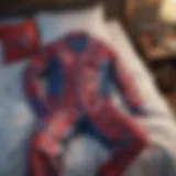 A vibrant Spiderman pajama set displayed on a bed