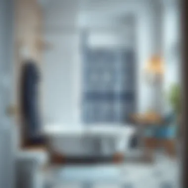 Stylish bathroom decor featuring white shower curtain with blue trim