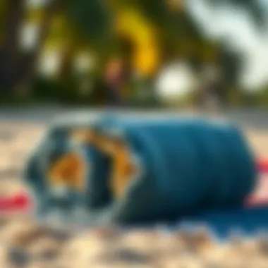 Stylish Beach Blanket for Easy Transport A stylish portable beach blanket rolled up for easy transportation