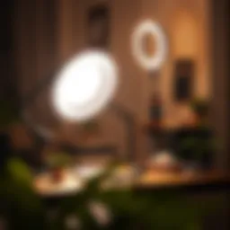 A tall ring light illuminating a stylish workspace