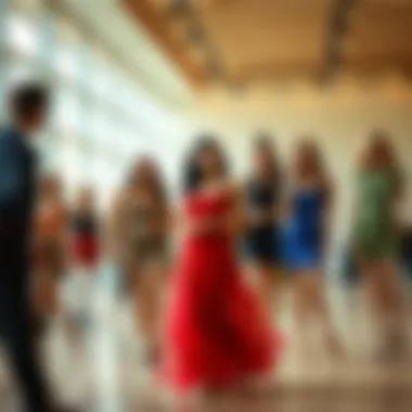 60s Disco Dresses in Modern Fashion Group of stylish individuals wearing 60s disco dresses in a modern setting.