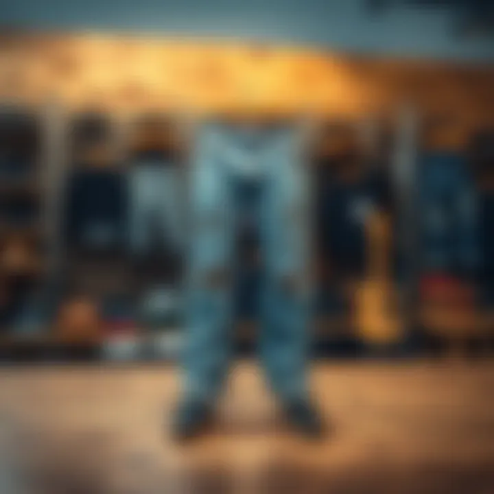 Stylish Grey Distressed Jeans Display Stylish grey distressed jeans showcased on a wooden surface