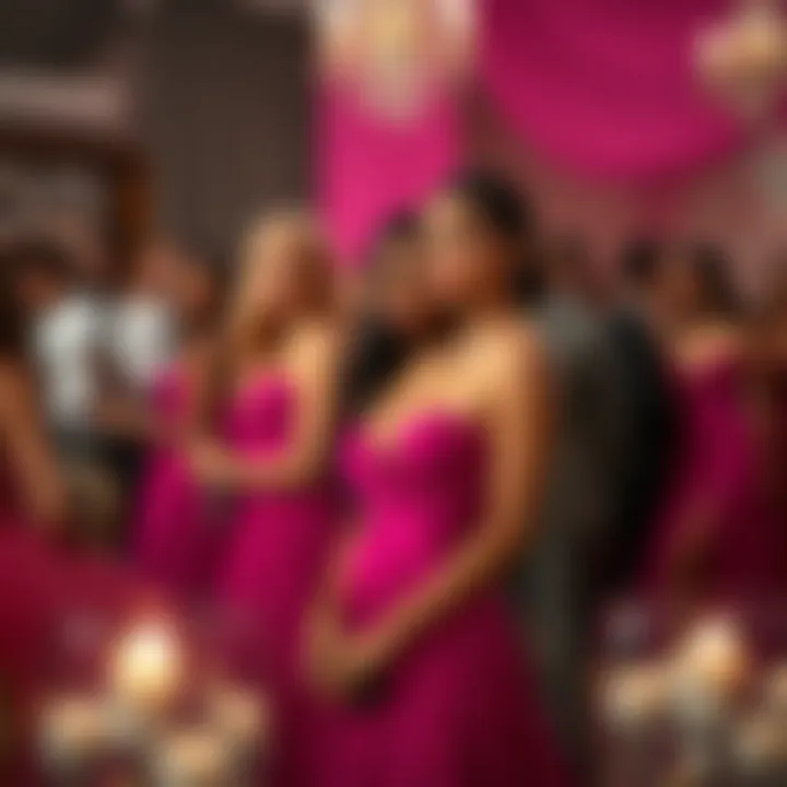A stylish event featuring attendees in magenta evening gowns