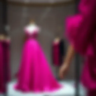 A stunning magenta evening gown displayed on a mannequin