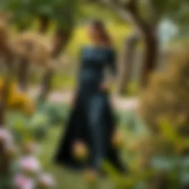 Elegant floor-length formal dress in a serene garden setting