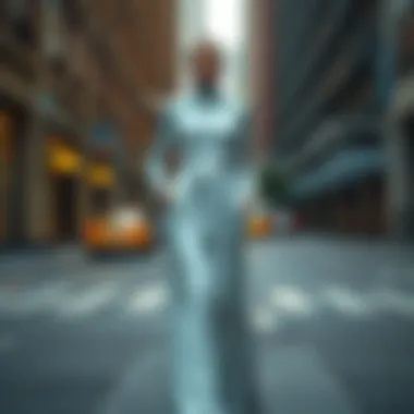 Model showcasing a stylish modest formal dress on a city street