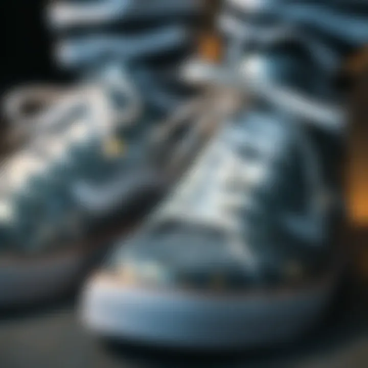 Close-up of sparkling silver sequins on sneakers