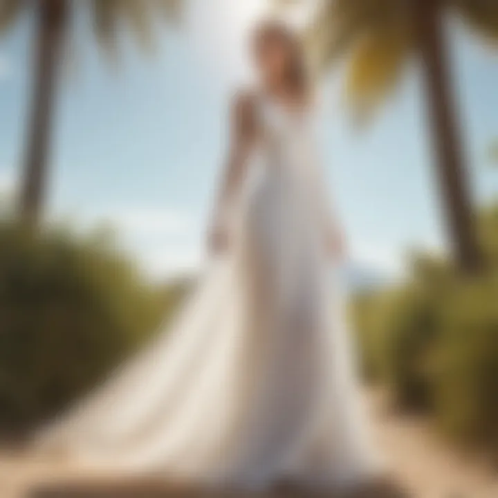 Elegant long white dress displayed against a summer backdrop