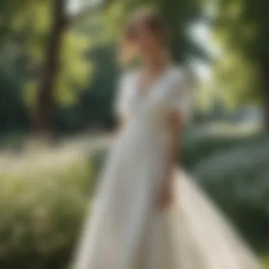 A serene outdoor setting featuring a long white dress on display