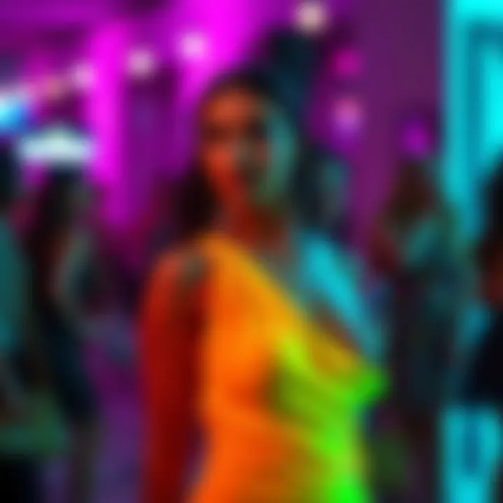 Model styling a one shoulder neon dress at a fashionable event