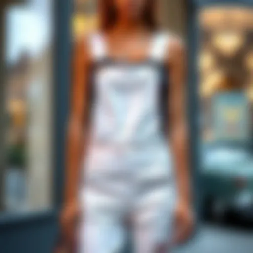 Stylish white denim overalls on a model