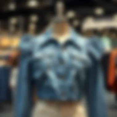 Chic Display of the Puff-Shouldered Denim Jacket Stylish blue jean jacket with puff shoulders displayed on a mannequin