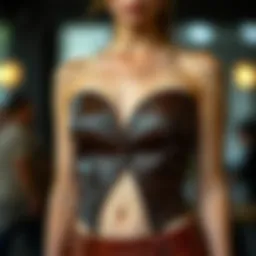 Elegant brown leather strapless top showcasing intricate design details