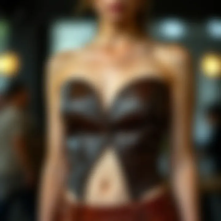 Intricate Design of the Brown Leather Strapless Top Elegant brown leather strapless top showcasing intricate design details