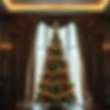 Elegant curtains draping around a beautifully adorned Christmas tree