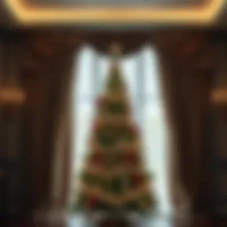 Elegant curtains draping around a beautifully adorned Christmas tree