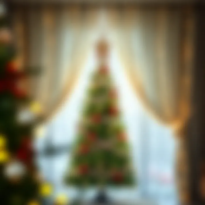 Shimmering Curtains Enhancing Holiday Charm Christmas tree draped with soft, shimmering curtains